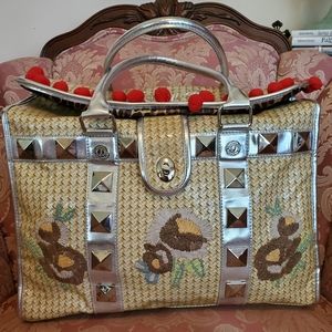 FaB Vintage Betseyville by Betsey Johnson Faux Wicker Tote w/ Red Pom Poms.